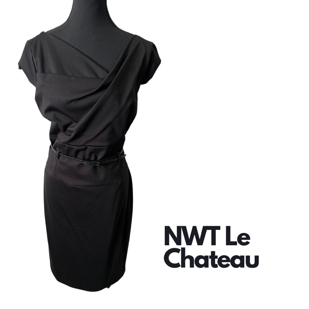 Le Chateau Black Asymmetrical Wrap Midi Dress